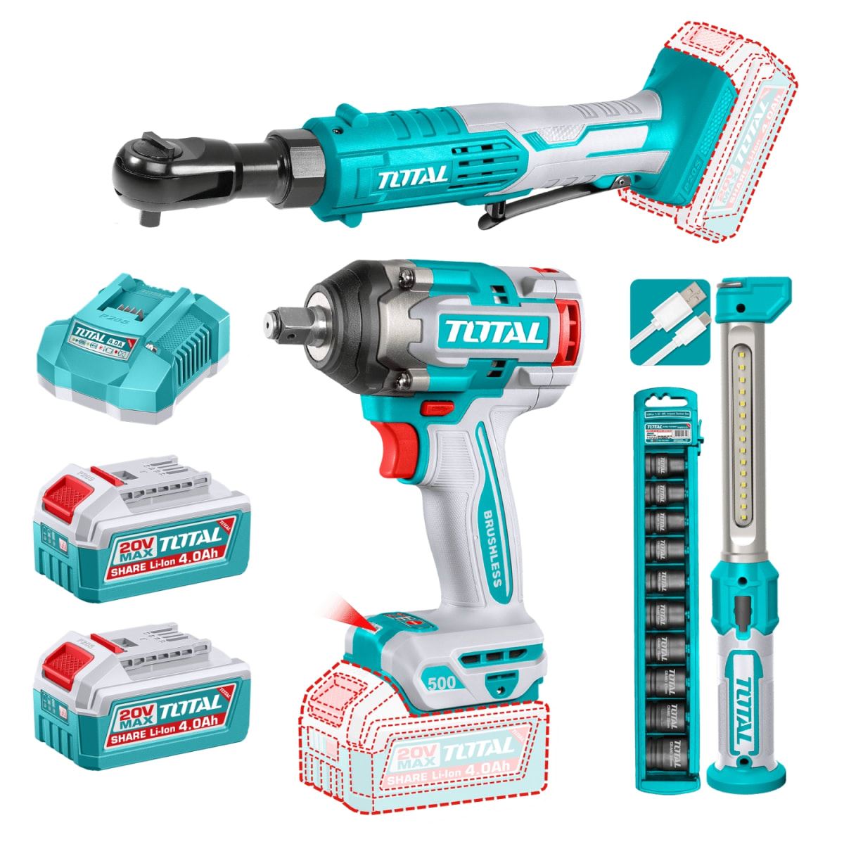 Combo 3 en 1 Llave de Impacto + Ratchet + Linterna 2x4ah Total
